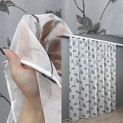 Готова тюль (3х2,7м.) батист, колекція "Flora". Колір білий з сірим принтом. Код 1861т 42-0824