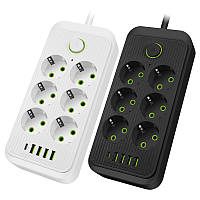 Мережевий фільтр подовжувач 5м 6 розеток + 5 USB QC PD 10А 2500Вт EU-2506PD захист