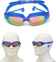 Окуляри для плавання з берушами захист від УФ Anti-Fog KH76-A силіконовий регульований ремінець сині