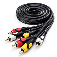 Кабель AV 3 RCA–3 RCA, 1.8 м, тюльпани позолочені, товстий екранований для аудіо-відео техніки