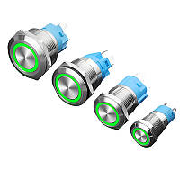 Кнопка 22 мм фіксуючася 12–24 В зелений LED 5 pin 22F-11EZ, металева з підсвічуванням