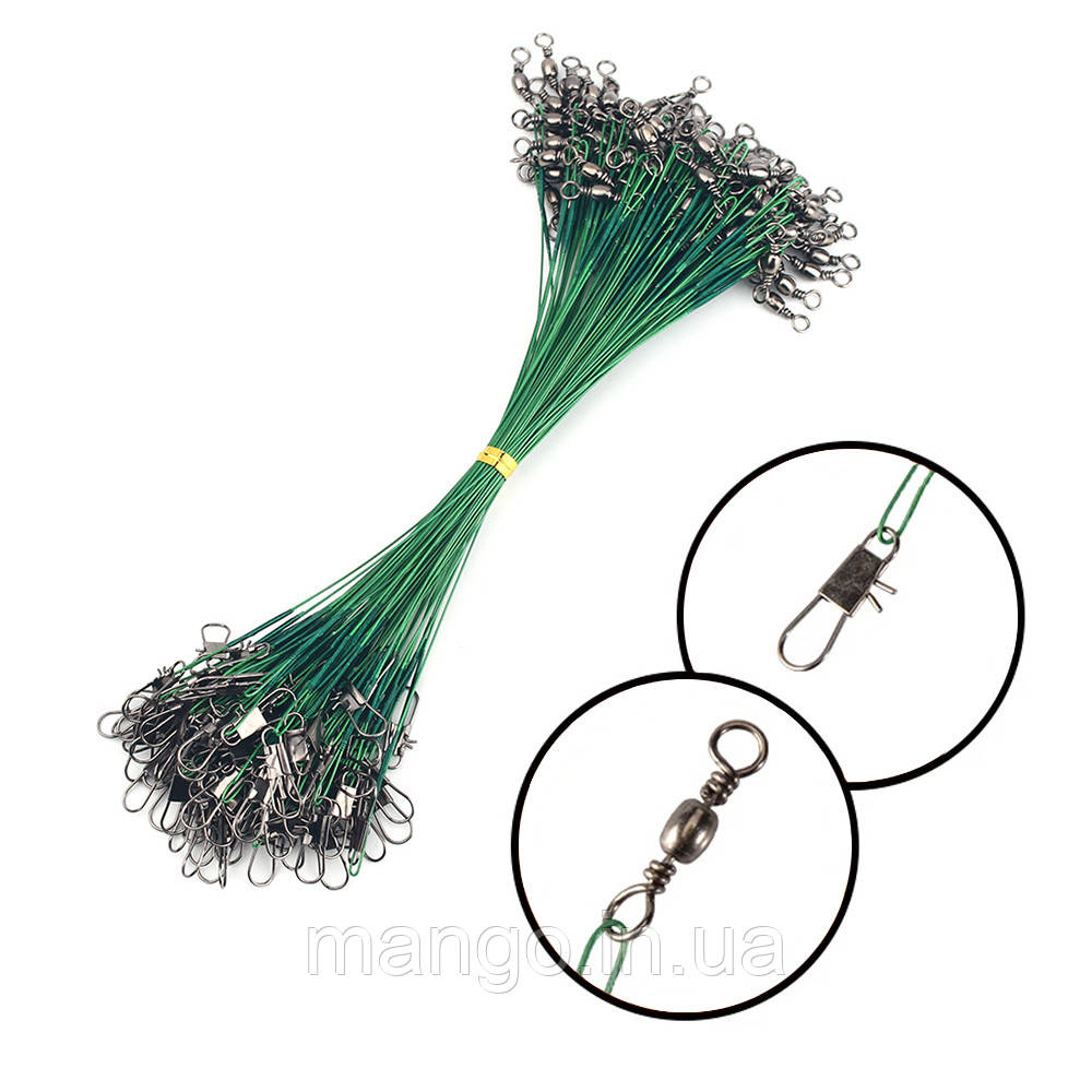 Сталеві риболовні поводки 25 см 0.5 мм, 20 шт, з вертлюжком і застібкою, комплект для хижої риби, фото 1
