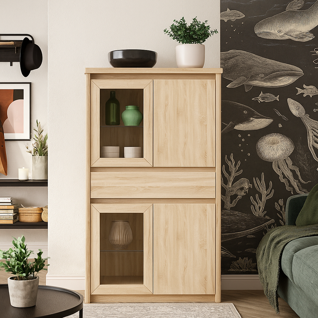 Сучасна низька скляна вітрина WIT 2D2W1S для посуду у вітальню, зал дуб сонома Нортон ВМВ Холдинг, фото 1