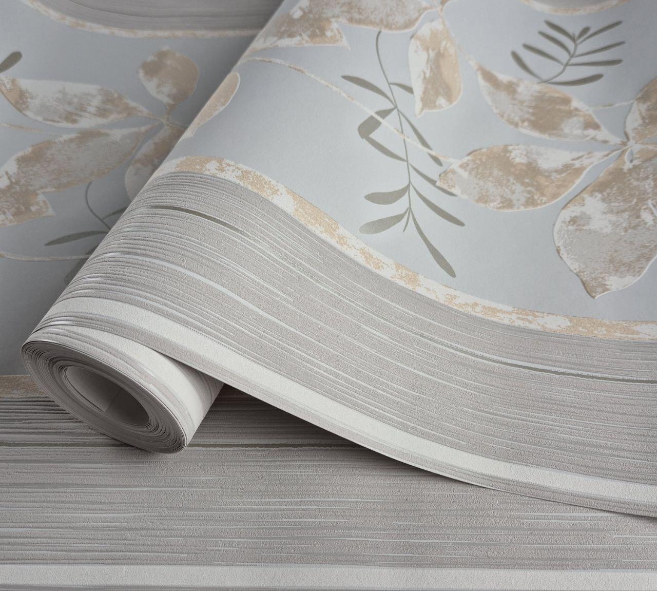 Шпалери вінілові на флізеліні 0.53 × 10.05 м Marburg 56745, бежево-сірі з блакитним відтінком — для спальні, вітальні, коридору, фото 1
