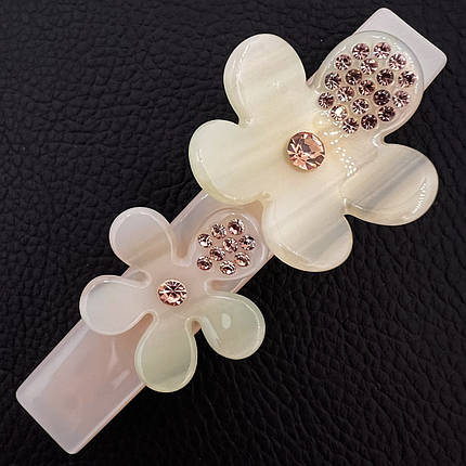 Заколка автомат для волос персикового салатого цвета с цветочками и кристаллами длина 9 см ширина 1.5 см, фото 1