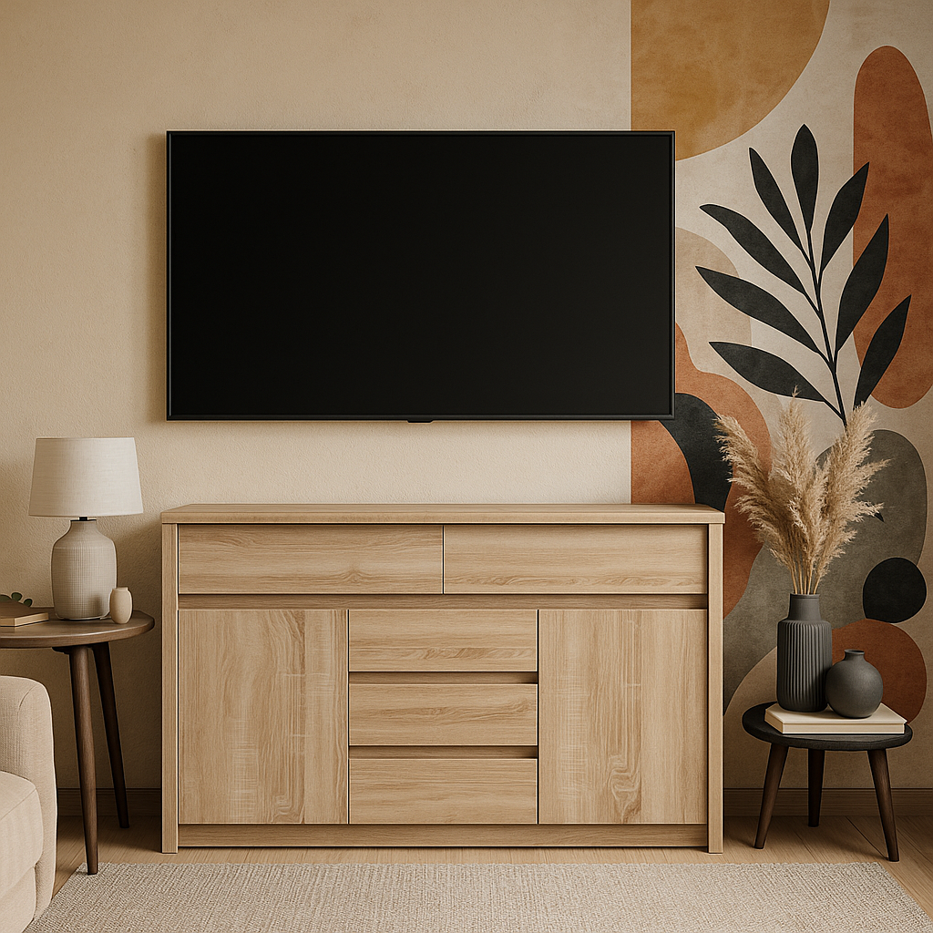 Сучасний дуб сонома комод тумба 2D5S 130 см з шухлядами та полицями у вітальню, спальню Нортон ВМВ Холдинг, фото 1