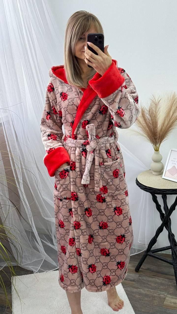 Жіночий теплий довгий халат з поясом бежевий ТУРЦІЯ, фото 1