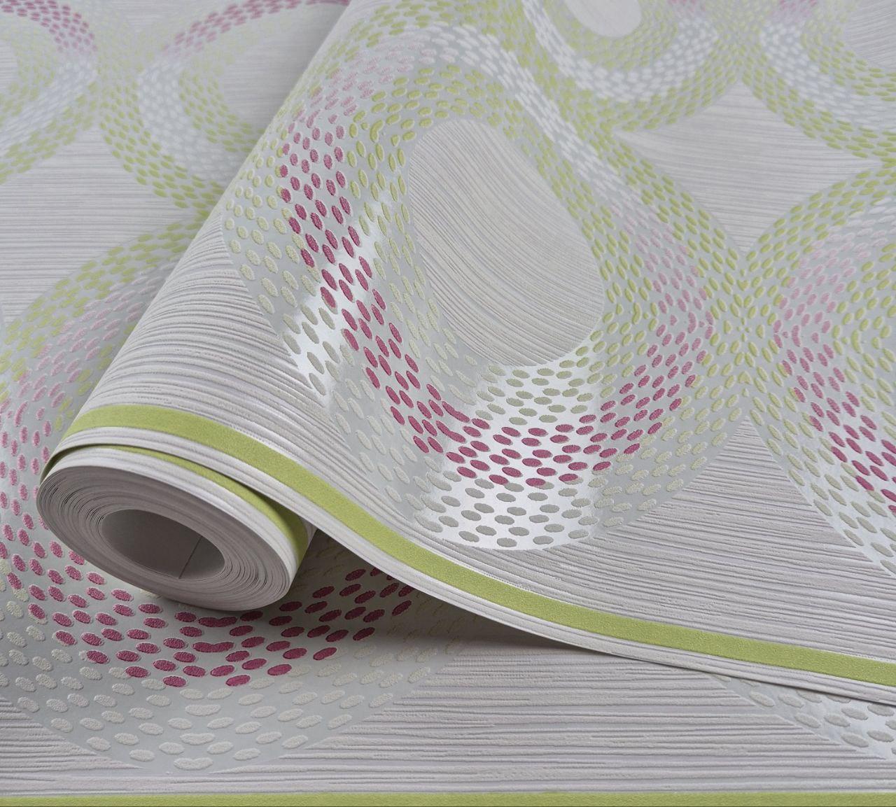 Шпалери вінілові на флізеліні 0.53×10.05 м Marburg 56742,молочні із салатовими та рожевими відтінками для спальні,вітальні,дитячої, фото 1