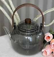 🧡Заварювальний чайник з жароміцного скла 1000 мл, ручка дерев'яна, Чорний