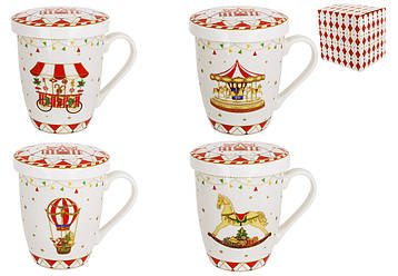 Кухоль порцеляновий 340мл з металевим фільтром та кришкою Зимова казка, 4 дизайни