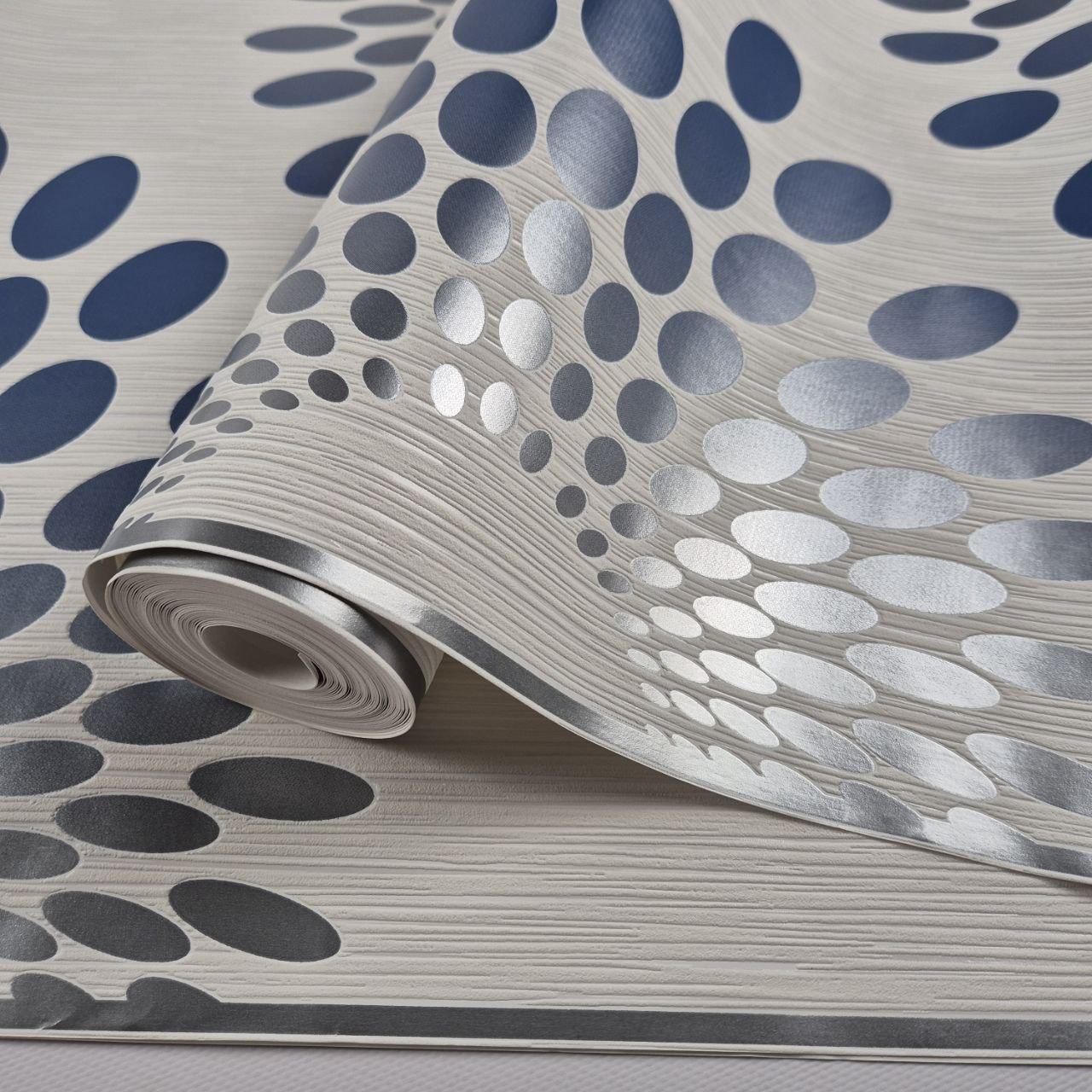 Шпалери вінілові на флізеліні 0.53 × 10.05 м Marburg 56702, молочні з синьо-сріблястим орнаментом — для спальні, вітальні,коридору, фото 1