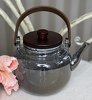 🧡Заварювальний чайник з жароміцного скла 1000 мл, дерев'яна ручка та кришка, Чорний