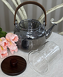 🧡Заварювальний чайник з жароміцного скла 1000 мл, дерев'яна ручка та кришка, Чорний, фото 2