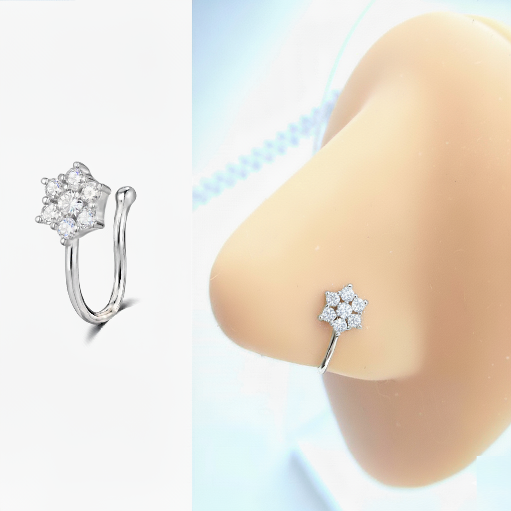 Сережка обманка на ніс квітка з камінням | Без проколу | Пірсинг обманка срібляста