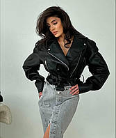 Базова жіноча укорочена куртка-косуха оверсайз на блискавці з довгим рукавом і поясом із кожзама чорна XS S M L XL