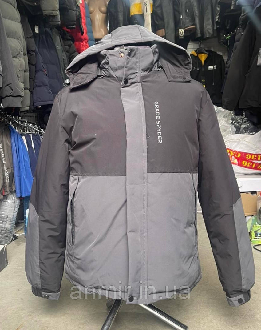 Куртка єврозима чоловіча пряма з капюшоном ЛОГОТИП норма 48-56, сіра з чорним