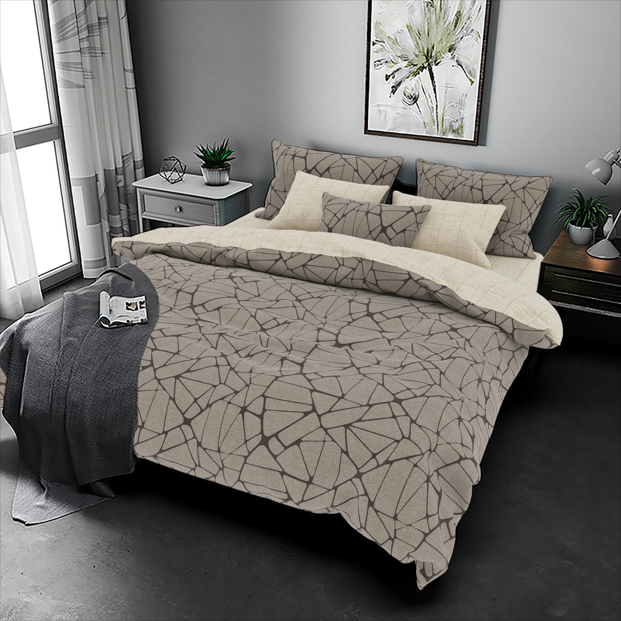 Постільна білизна Королева Ночі (Бязь) | Полуторний комплект | 50х70 | Абстракція на бежевому, фото 1