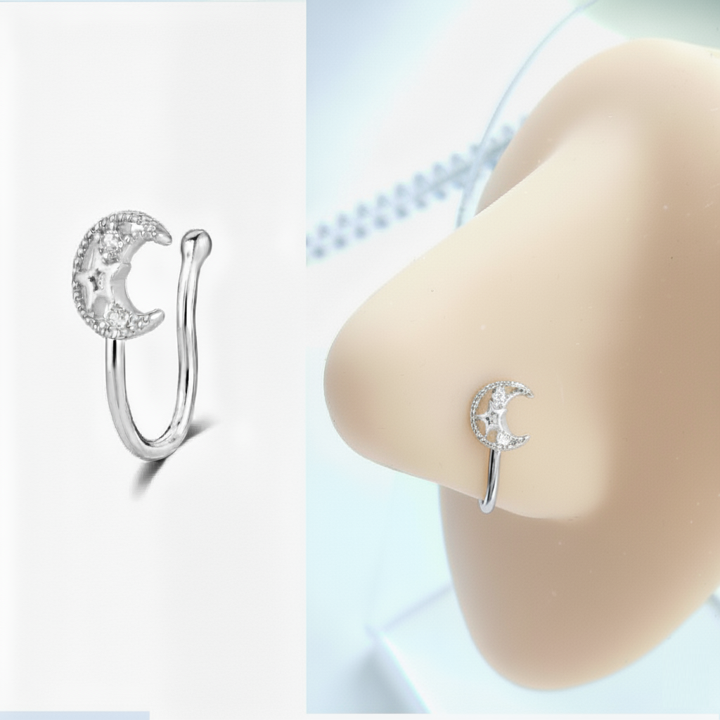 Сережка обманка на ніс місяць з камінням | Без проколу | Пірсинг обманка срібляста