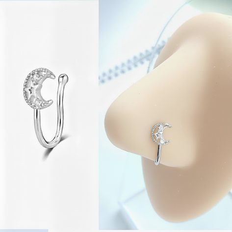 Сережка обманка на ніс місяць з камінням | Без проколу | Пірсинг обманка срібляста, фото 1