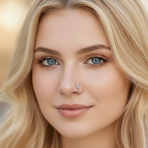 Сережка обманка на ніс місяць з камінням | Без проколу | Пірсинг обманка срібляста, фото 2