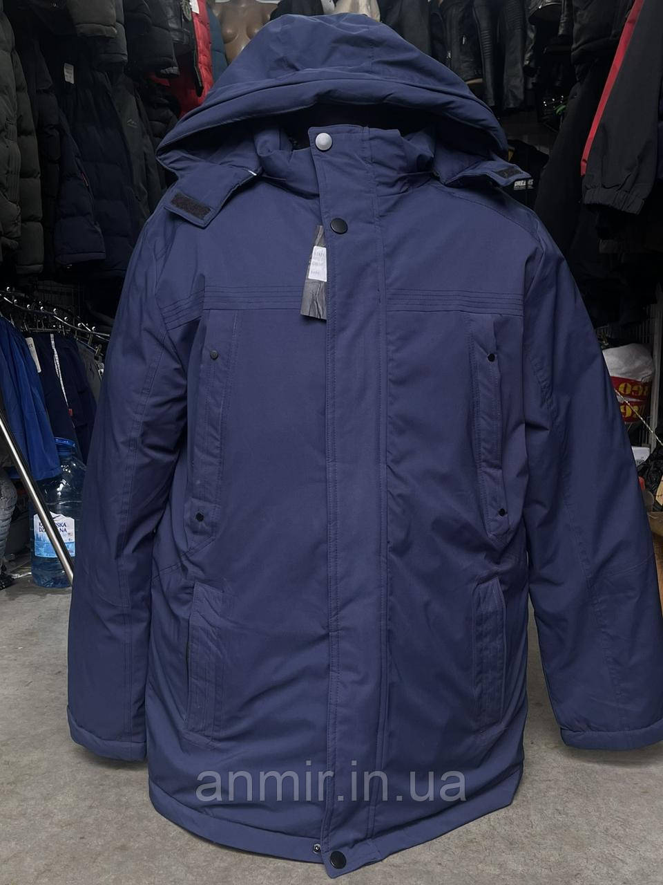 Куртка єврозима чоловіча гладка пряма з капюшоном батал 56-64, колір синій