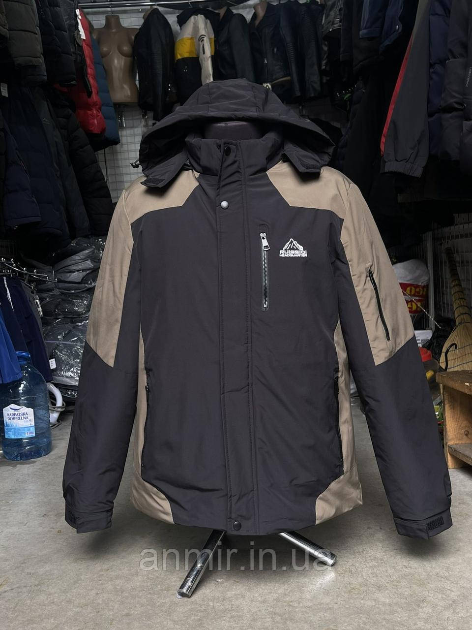 Куртка єврозима чоловіча пряма з капюшоном ЛОГОТИП норма 50-58, чорна з бежевим