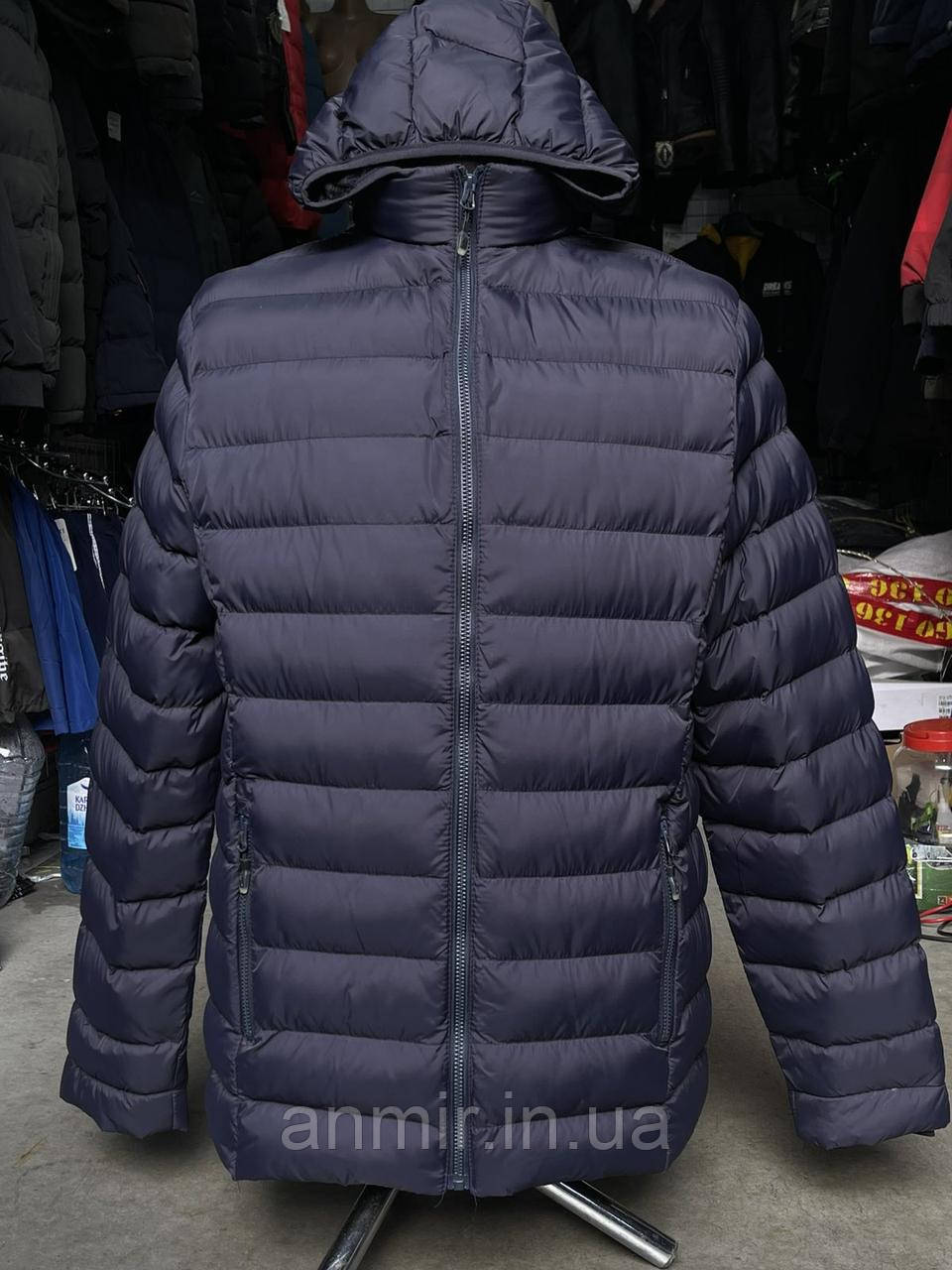 Чоловіча куртка єврозима пряма стьобана з капюшоном батал 54-62, колір синій