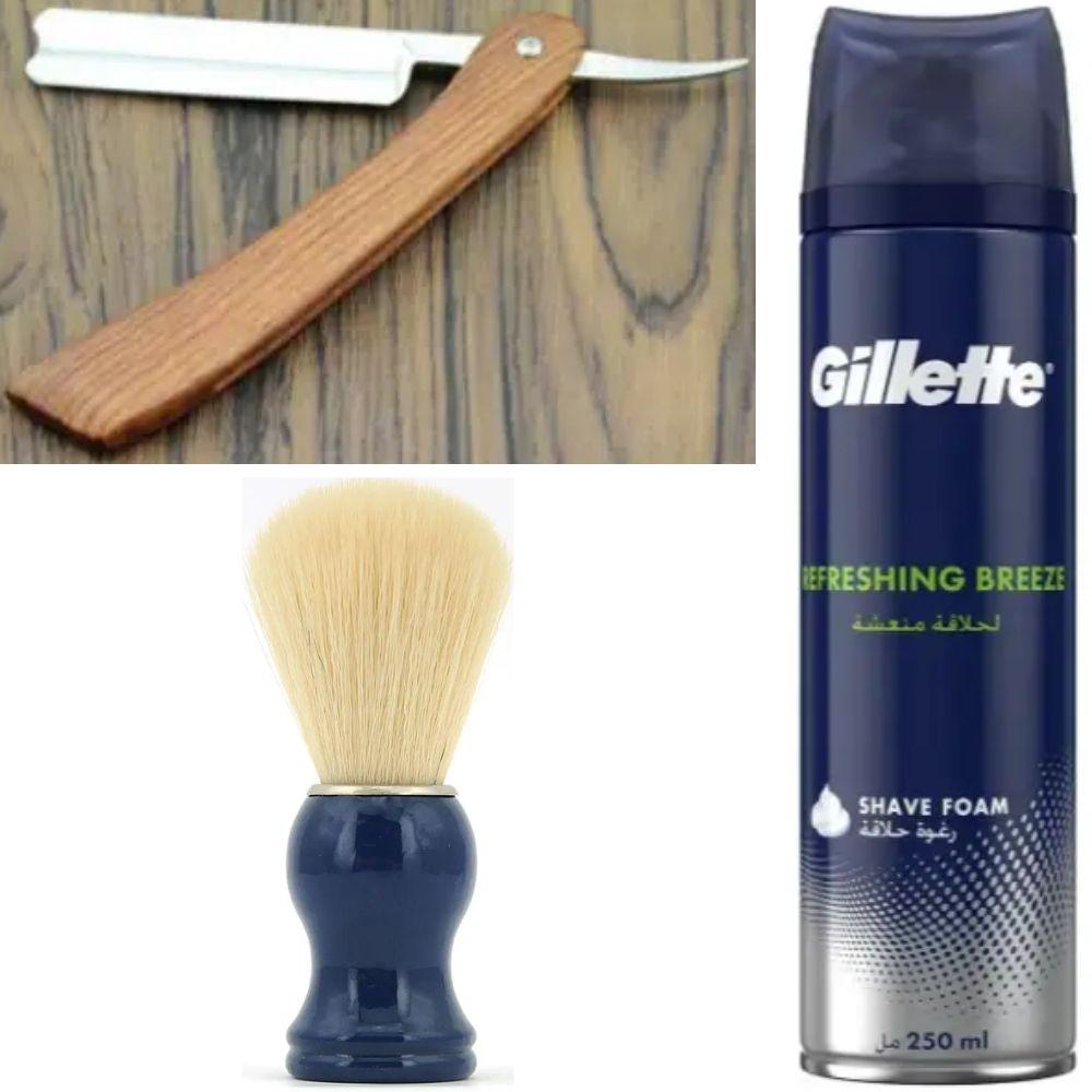 Небезпечна бритва/шавета розкладна Straight Razor + помазок SHIMA синій + піна для гоління Gillette Refreshing Breeze 250 мл, фото 1