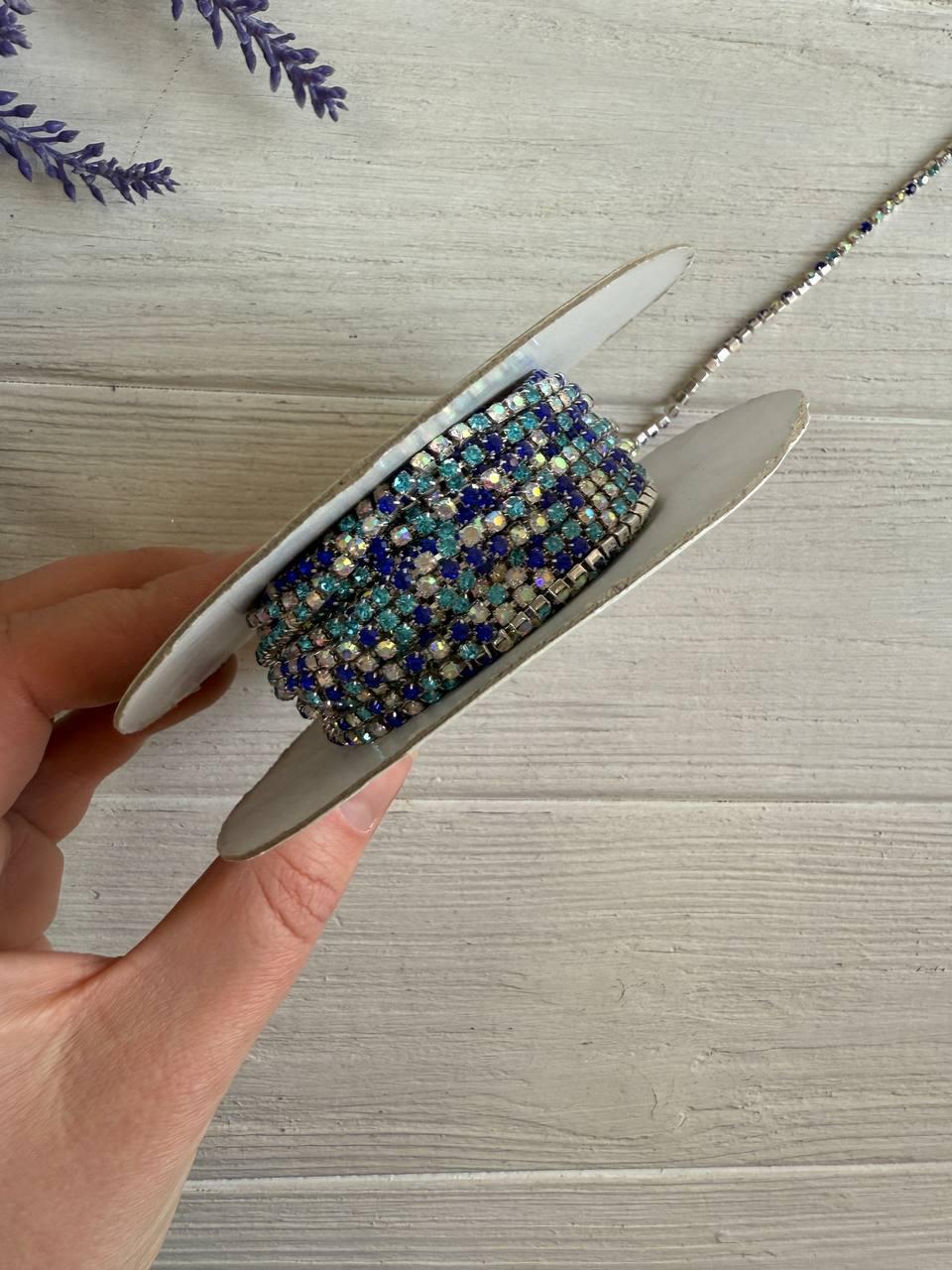 Стразовий ланцюжок 2,3 мм , голубий мікс 1 метр, фото 1