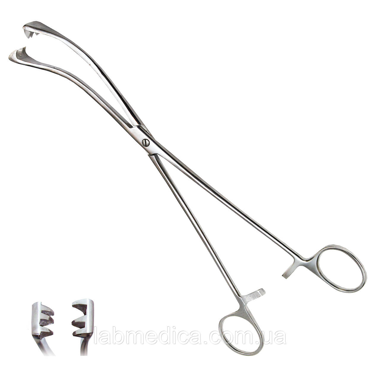 Щипці маткові тризубі вигнуті для відтягування тіла матки через Museux. Довжина 26 см, ширина 15 мм, фото 1