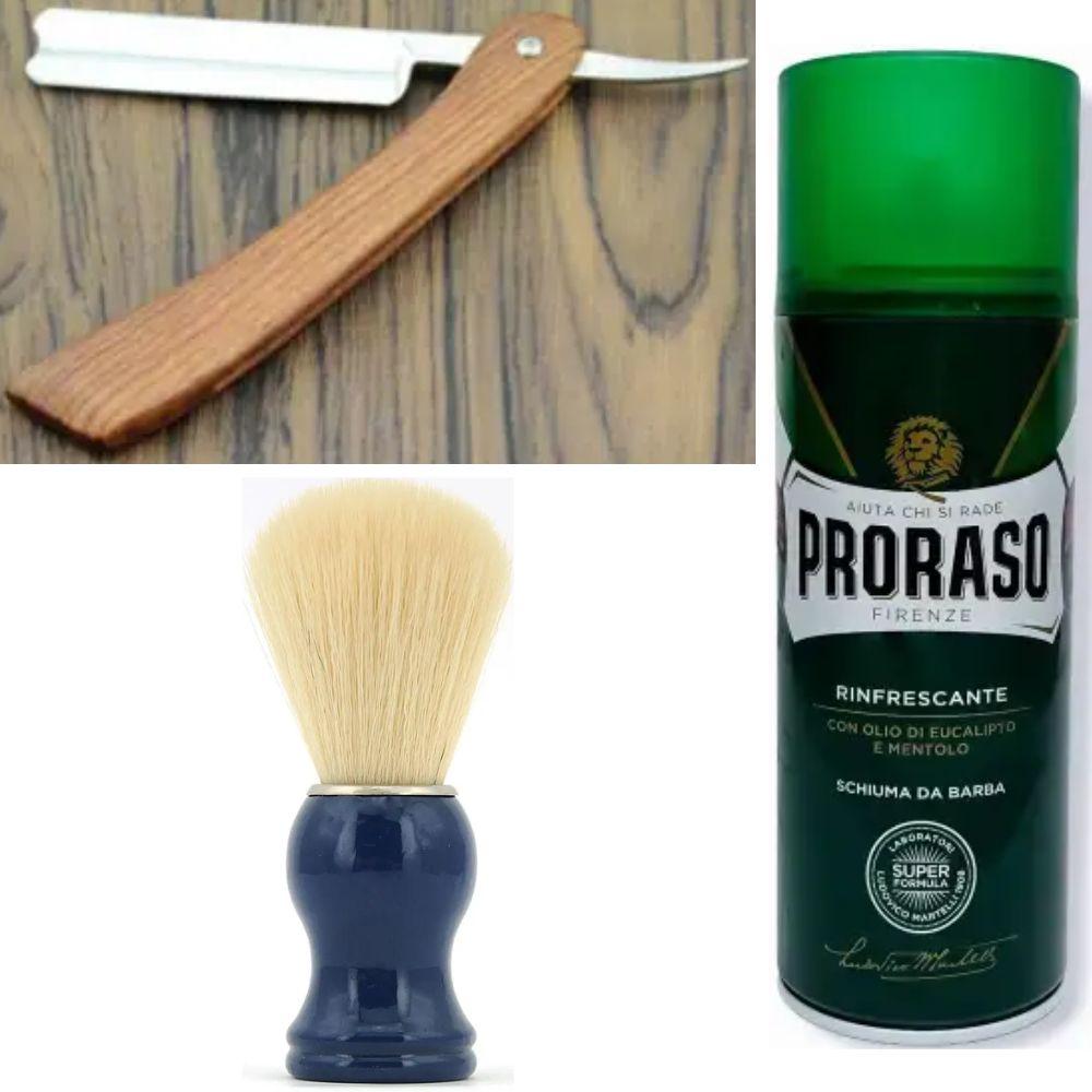 Небезпечна бритва/шавета розкладна Straight Razor + помазок SHIMA синій + піна для гоління Proraso тонізуюча евкаліпт і ментол, фото 1