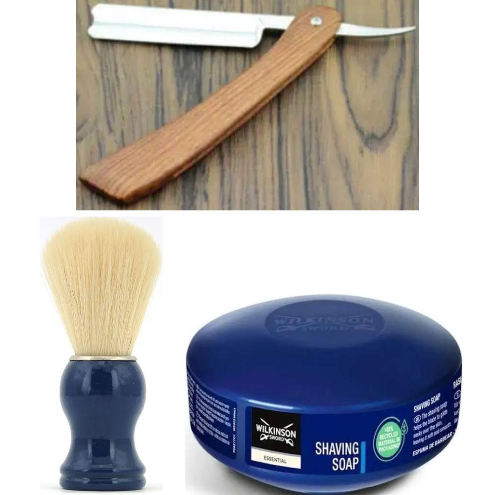 Небезпечна бритва/шавета розкладна Straight Razor + помазок SHIMA синій + мило для гоління Wilkinson Essential 125г, фото 1