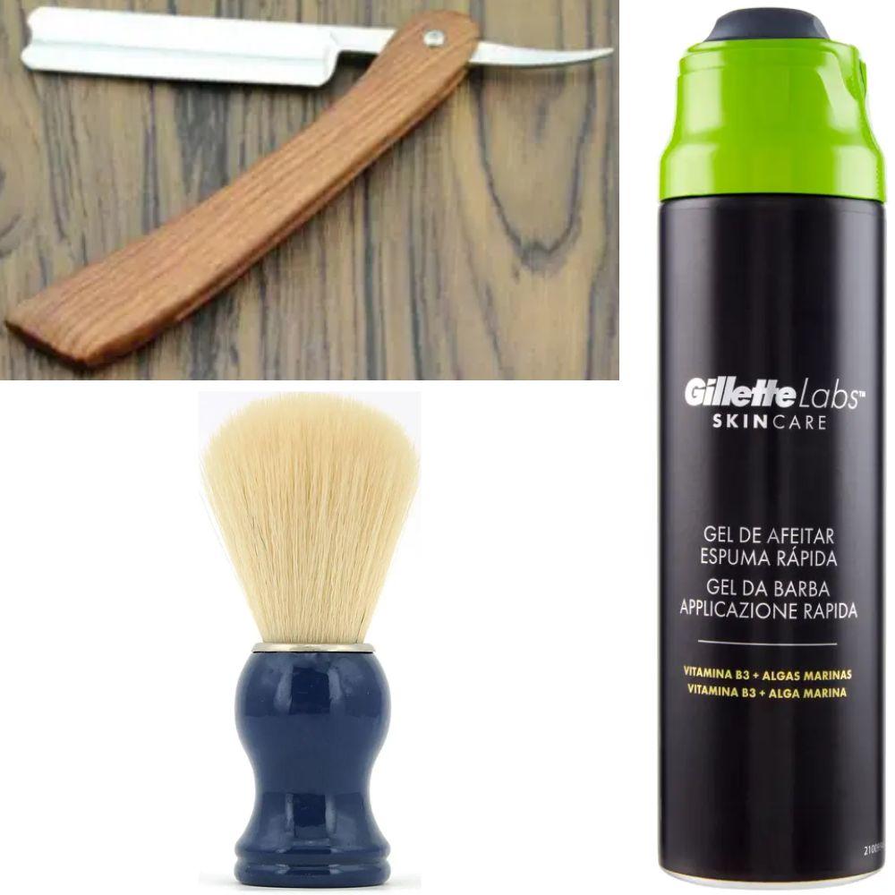 Небезпечна бритва/шавета розкладна Straight Razor + помазок SHIMA синій + гель для гоління Gillette Labs Gel 198 мл, фото 1