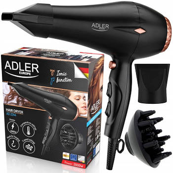 Фен Adler AD 2244 — 2000 Вт, Іонізація, 3 температури, Концентратор + дифузор