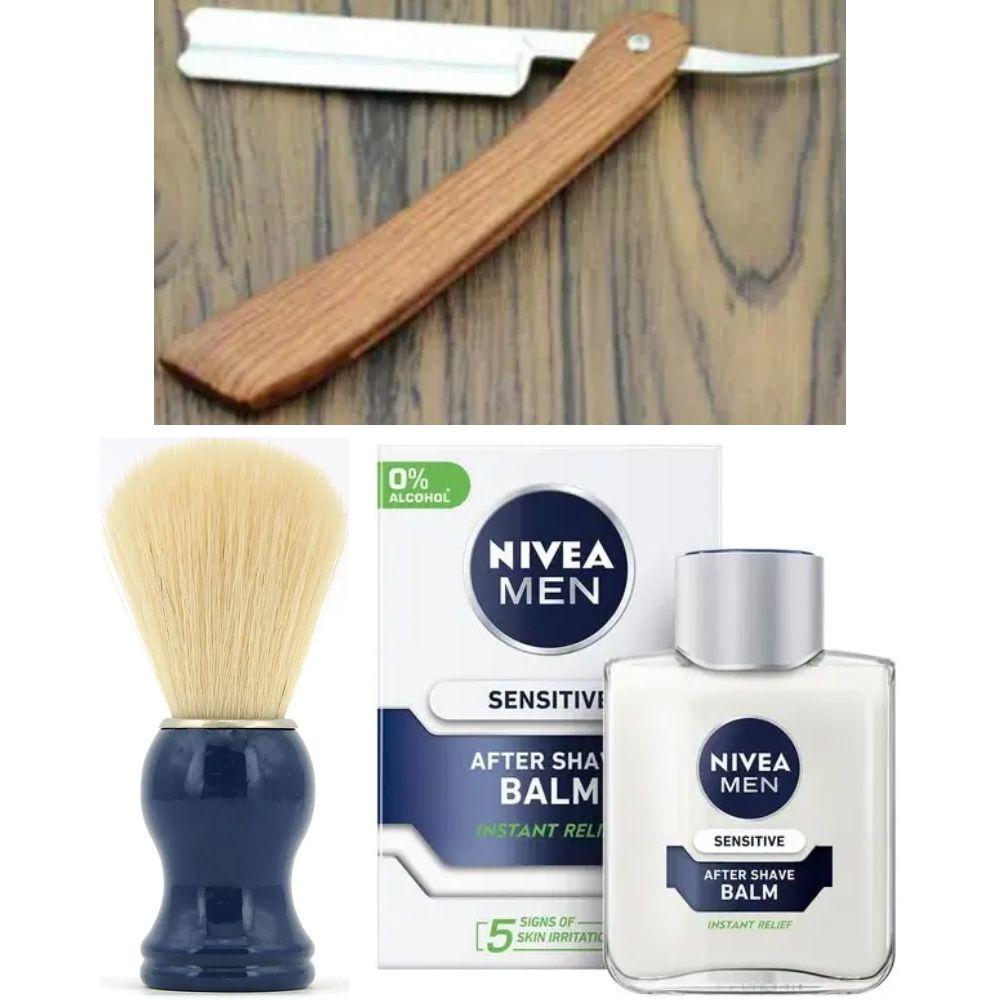 Небезпечна бритва/шавета розкладна Straight Razor + помазок SHIMA синій + бальзам після гоління Nivea Men Sensitivе 100 мл, фото 1
