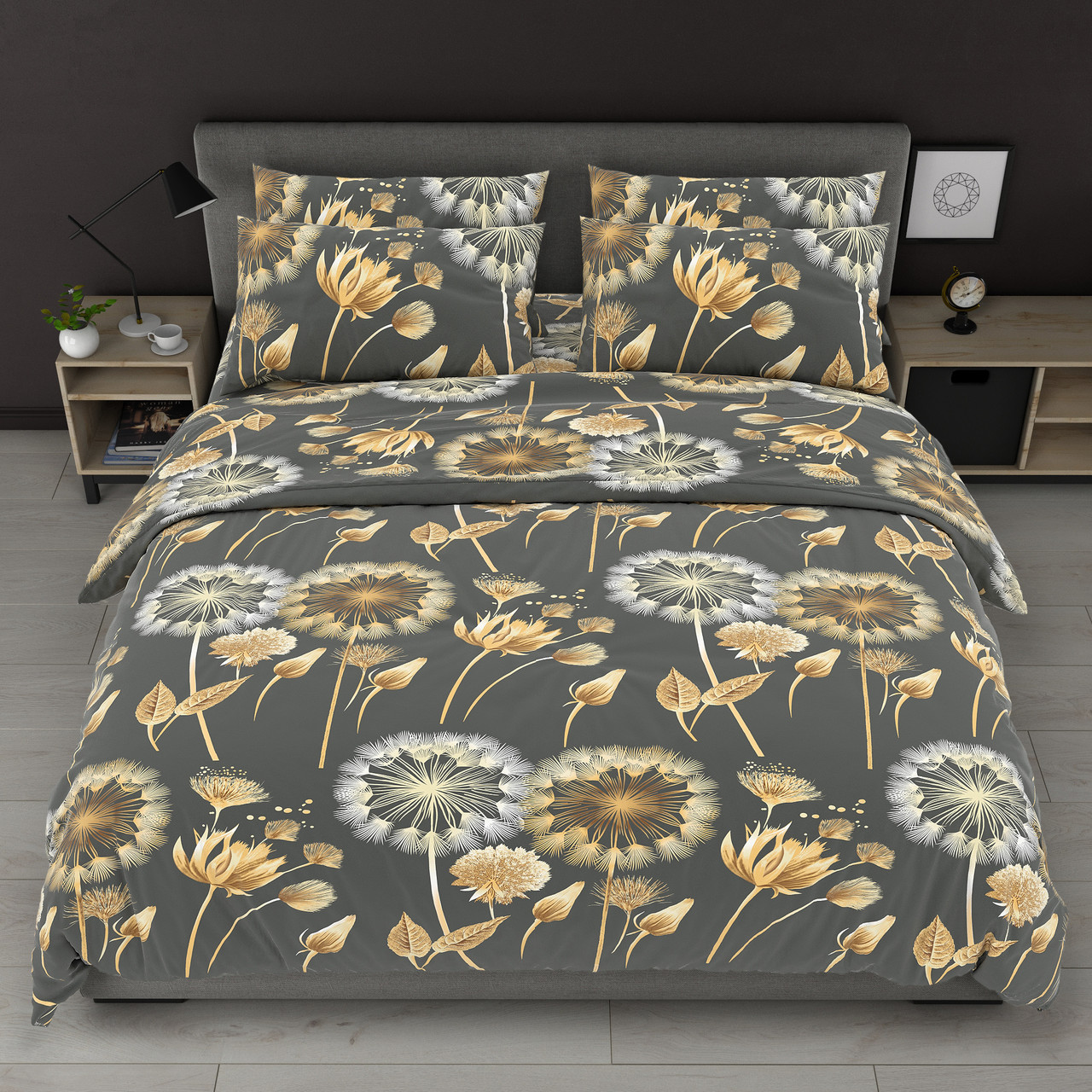 Постільна білизна Королева Ночі (Бязь) | Полуторний комплект | 50х70 | Кульбаби на сірому, фото 1