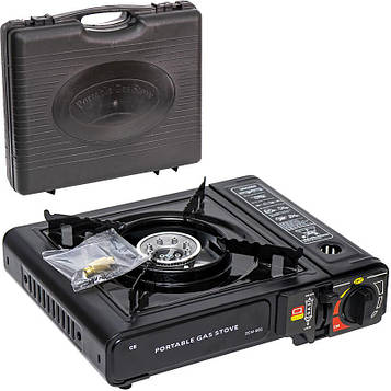 Плитка газова портативна туристична одинарна з електропідпалом у валізі, у комплекті перехідник (штуцер) 9 мм