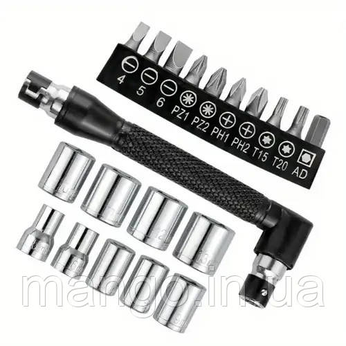 Ключ кутовий торцевий L-подібний 1/4 з 10 бітами та 9 торцевими головками, набір інструментів, металевий, фото 1