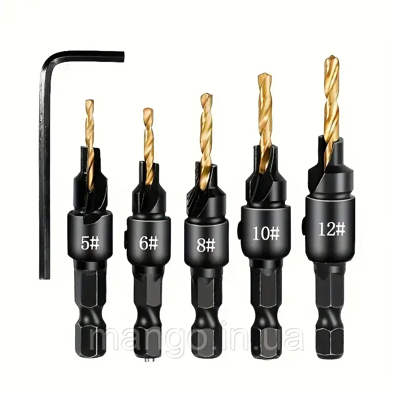 Набір свердел із зенківкою 5 шт HSS 4241, шестигранний хвостовик 6.35 мм, для меблів і дерева, фото 1