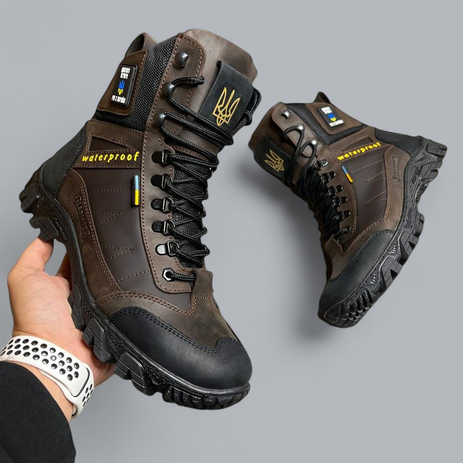 Зимові чоловічі шкіряні черевики, берці коричневі утеплені з натуральної шкіри на хутрі на зиму для чоловіків, розмір 40-46, фото 1