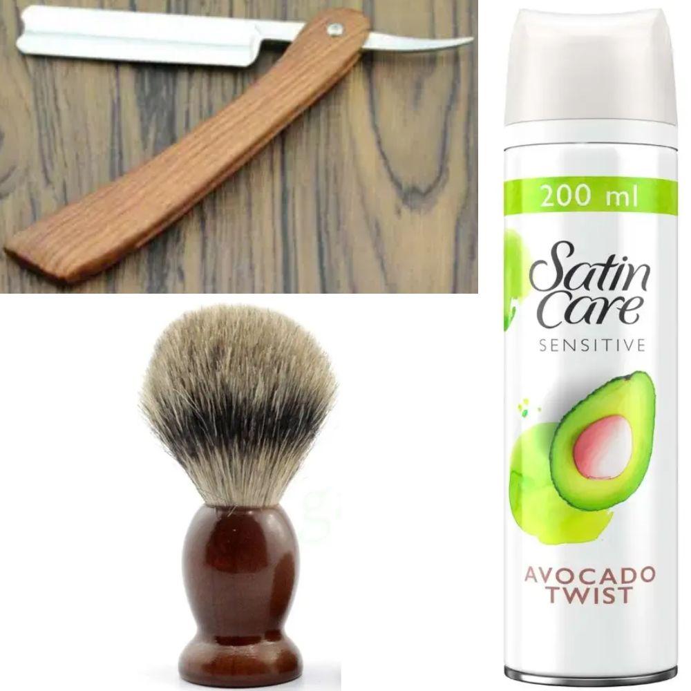 Небезпечна бритва/шавета розкладна Straight Razor + помазок SHIMA + гель для гоління Gillette Satin Care Gel Avocado 200 мл, фото 1