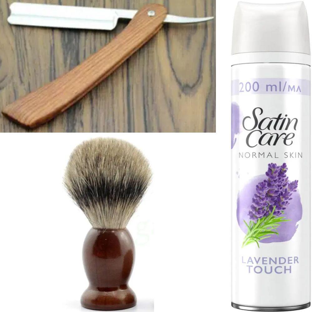 Небезпечна бритва/шавета розкладна Straight Razor + помазок SHIMA + гель для гоління Gillette Satin Care Gel Lavender 200 мл, фото 1