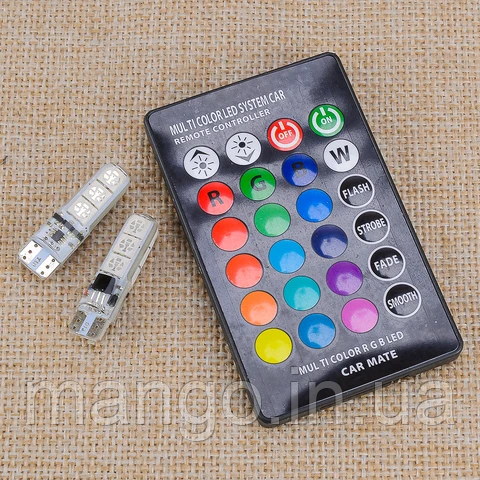 LED T10 W5W лампи 2шт, 6 SMD 5050, 16 кольорів, з пультом ДУ, авто, габарити, салон, фото 1