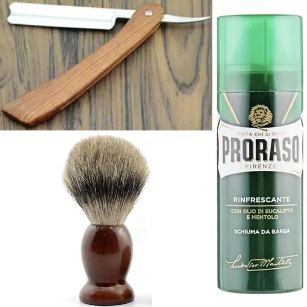Небезпечна бритва/шавета розкладна Straight Razor + помазок SHIMA + піна для гоління Proraso тонізуюча евкаліпт і ментол, фото 1