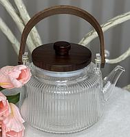 🧡Заварювальний чайник з жароміцного скла 900 мл, дерев'яна ручка та кришка, Прозорий