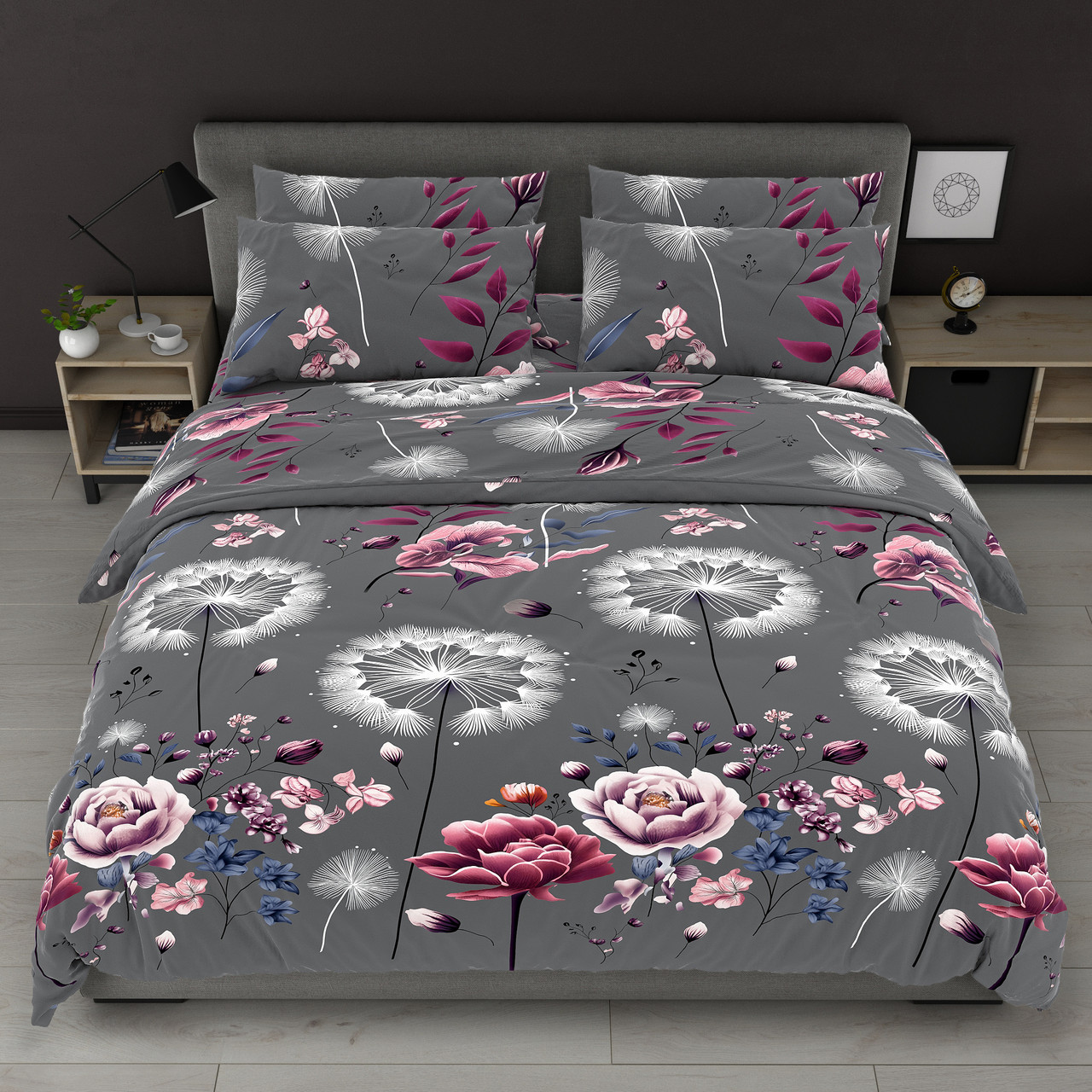 Підковдра на блискавці 145х215 (Бязь) | Полуторна підковдра від виробника "Королева Ночі" | Кульбаби на сірому, фото 1