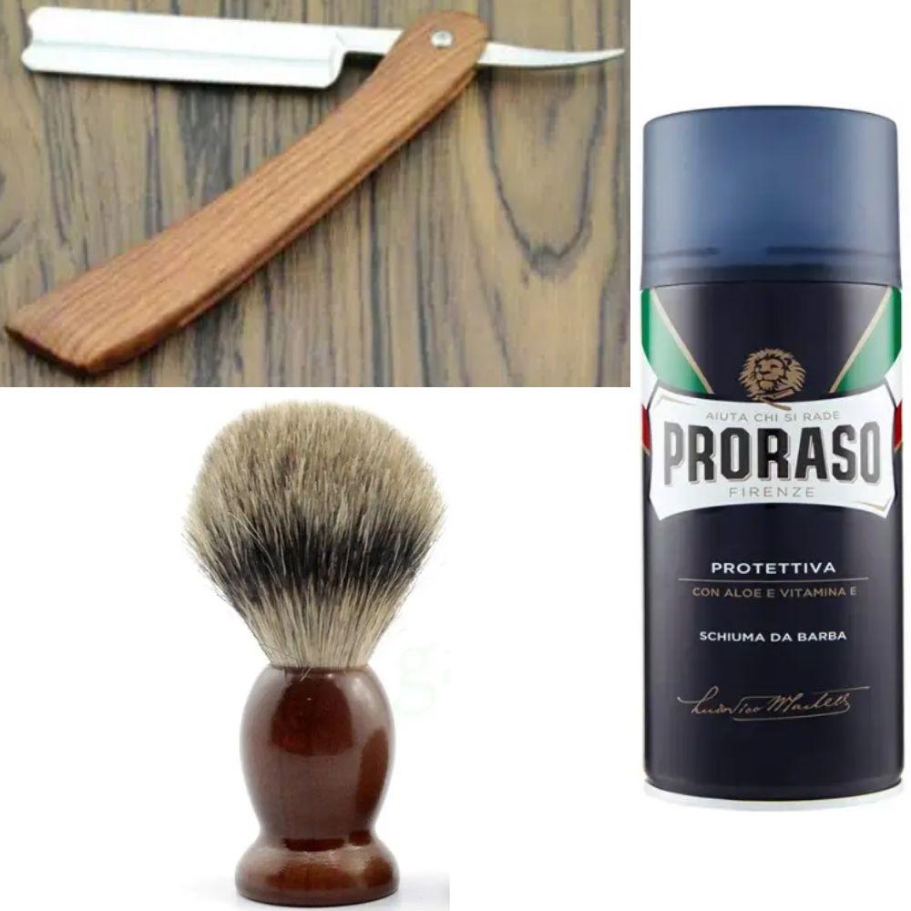 Небезпечна бритва/шавета розкладна StraightRazor + помазок SHIMA + піна для гоління Proraso з екстрактом алое та вітаміном Е, фото 1