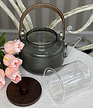 🧡Заварювальний чайник з жароміцного скла 900 мл, дерев'яна ручка та кришка, Чорний, фото 2