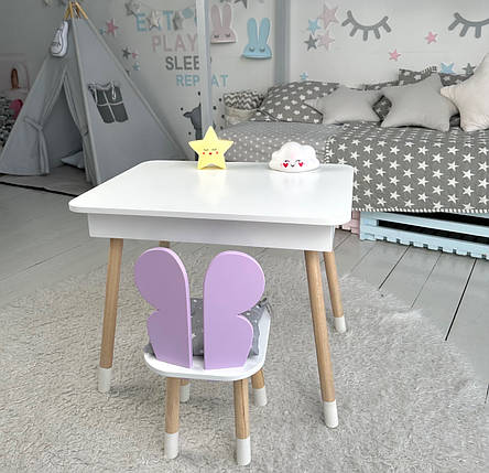 Дитячий столик білий і стільчик фіолетовий метелик. Столик із нішею для олівців і розмальовок, фото 1