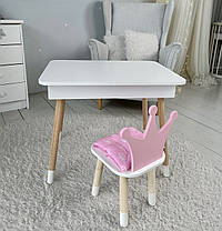 Дитячий столик білий і стільчик корона рожева. Столик із нішею для олівців і розмальовок, фото 3